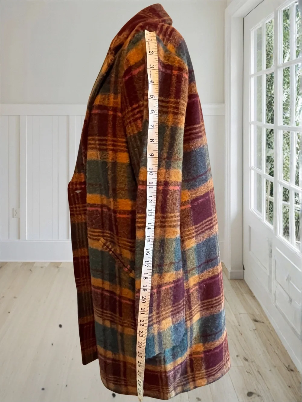 RACHEL ZOE Womens Large Plaid Wool Blend Overcoat NWOT Teal Gold Burgundy Coat - Picture 10 of 14